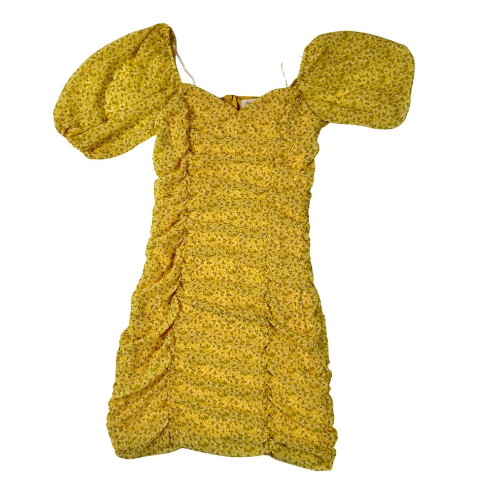 All In Favor Sasha Ruched Mini Dress Women's XS Yellow Puff Sleeve Coquette - Picture 2 of 16